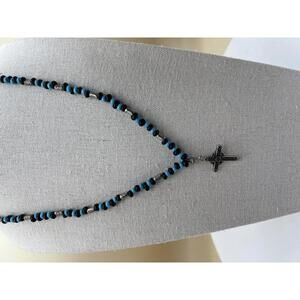 Beaded Cross Pendant Necklace with Black and Turquoise Colored Beads  A35